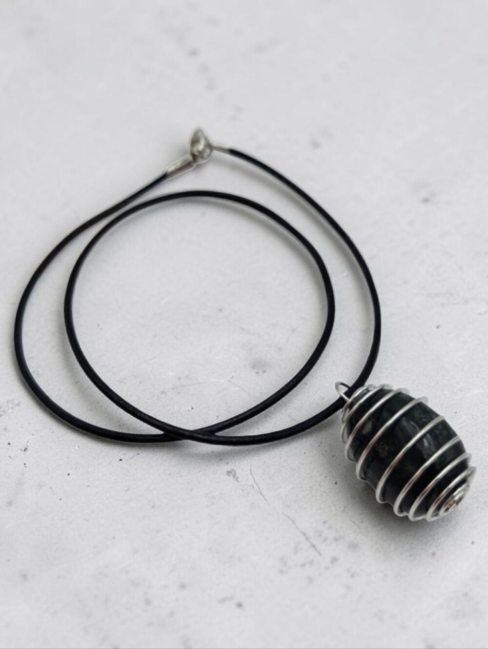 Handmade Moss Agate Stone Pendant in Silver Spiral Cage Necklace